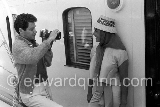 Liz Taylor and her new husband Eddie Fisher on board the yacht Olnico, which they had chartered for their honeymoon cruise of the Mediterranean and berthed in the harbor at Cannes, 1959. - Photo by Edward Quinn