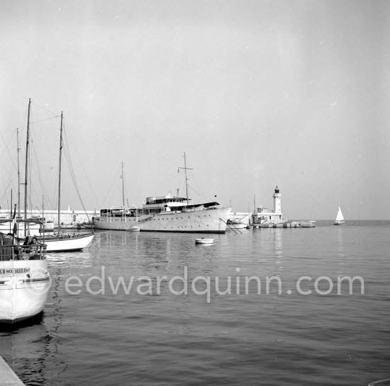 Yacht Trenora being built by Thornycrofts. Monaco harbor 1954. This yacht was ordered by a ‘distinguished English Surgeon in Paris’ named Mr Gerald Stanley. Monaco harbor 1954. - Photo by Edward Quinn