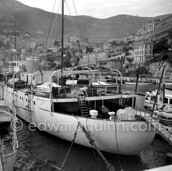 Yacht Trenora being built by Thornycrofts. Monaco harbor 1954. This yacht was ordered by a ‘distinguished English Surgeon in Paris’ named Mr Gerald Stanley. Monaco harbor 1954. - Photo by Edward Quinn