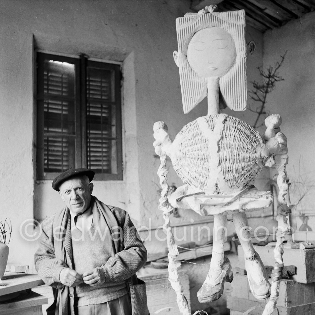 Pablo Picasso at Le Fournas with sculpture 