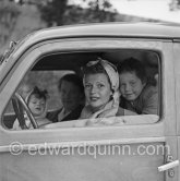 Rita Hayworth with her daughters Rebecca and Yasmina leaving Château de l’Horizon, property of Aly Khan. Golfe-Juan 1951. Car: Fiat 508 C/1100 Nuova Balilla, special-bodied woody-wagon.  Source: Alessandro Sannia, Fiat Fuoriserie, als15<span class=unicorn><span>_at_</span></span>libero.it - Photo by Edward Quinn